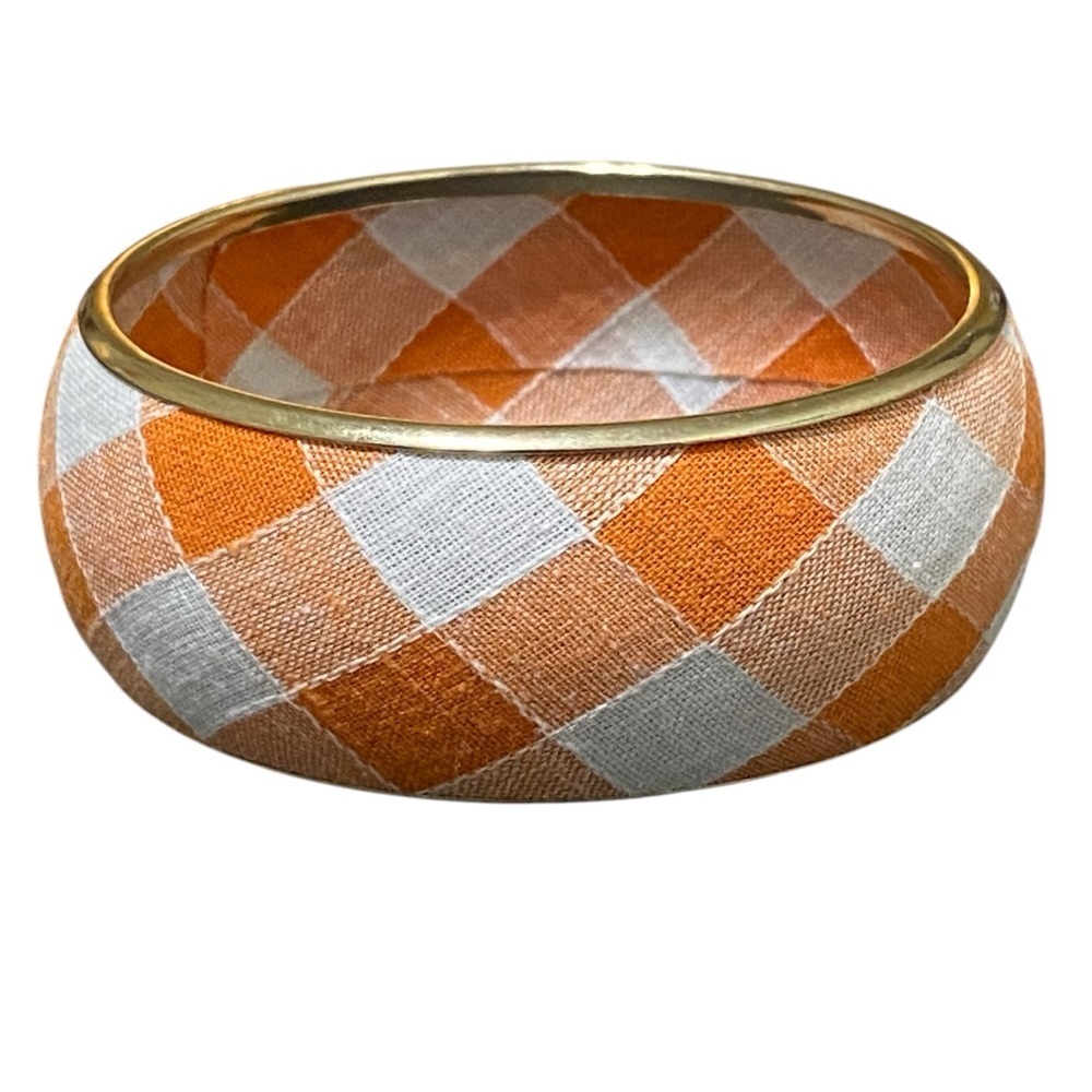 Vintage Orange Ivory Checkered Bangle Bracelet Wide Retro Mod 10” - Picture 2 of 4